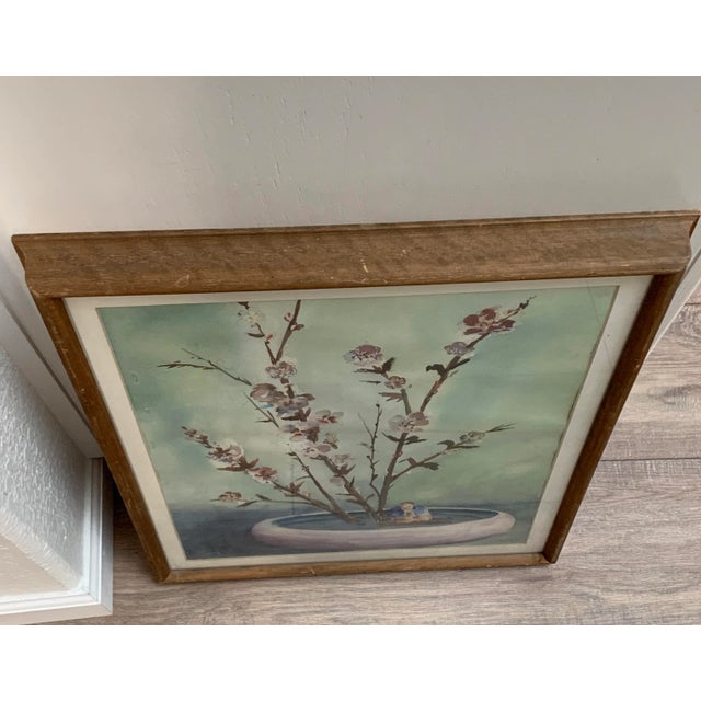 Chinoiserie Vintage Asian Chinoiserie Cherry Blossom Watercolor Painting For Sale - Image 3 of 11