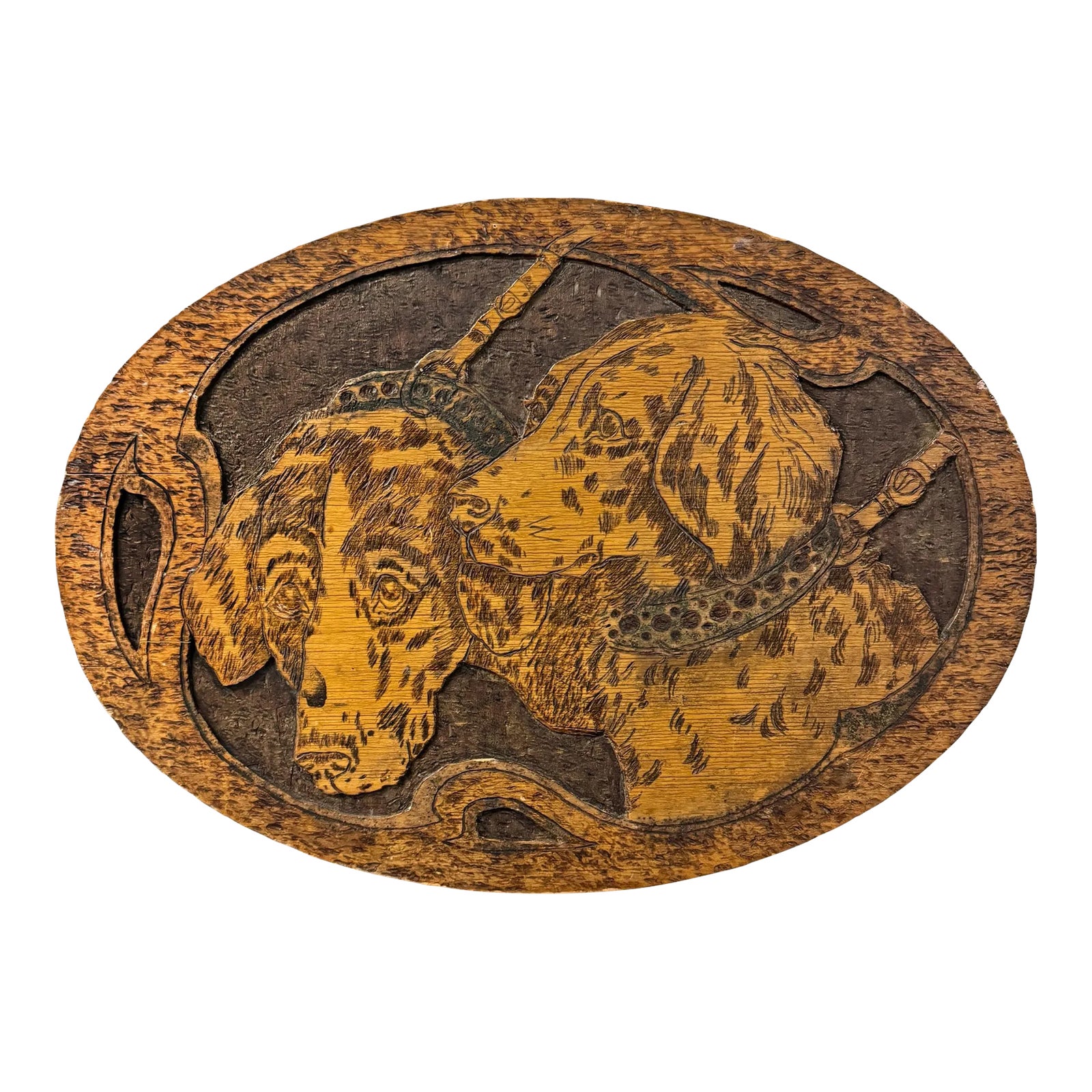 Early 20th Century Flemish Spaniel Pyrography Panel | Chairish