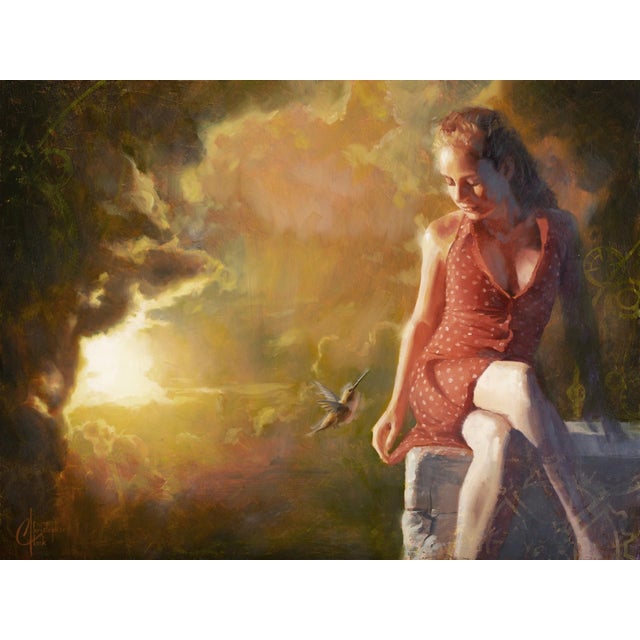 Edge of Oblivion by Christopher Clark | Oil and metal leaf on wood panel Woman in a red dress with a hummingbird. For Sale