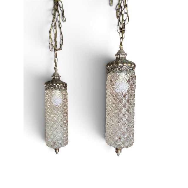 Mid-Century Modern Vintage Hollywood Regency Textured Glass Pendant Lights, Pair For Sale - Image 3 of 7