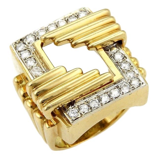 Mid 20th Century Diamond 18k Yellow Gold Rectangular Shape Open Top Ring Size 6.5 For Sale