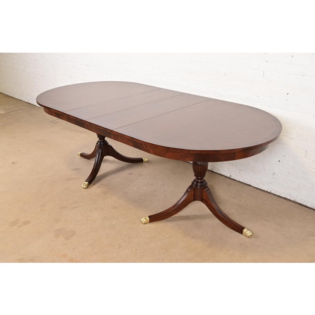 Henkel Harris Georgian Banded Mahogany Double Pedestal Extension Dining Table, Newly Refinished For Sale - Image 15 of 15