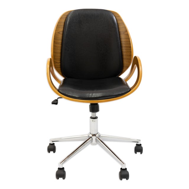 Retro Style Wood and Leather Swivel Office Chair For Sale - Image 4 of 7