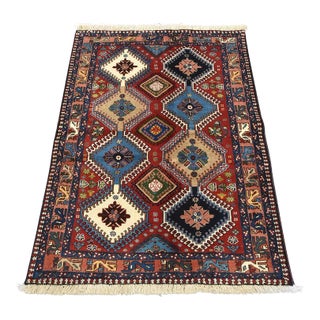 Yalameh Rug 3'7'' X 4'11'' Red Wool Vintage Tribal Hand-Knotted Oriental Carpet For Sale