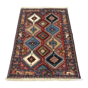 Yalameh Rug 3'7'' X 4'11'' Red Wool Vintage Tribal Hand-Knotted Oriental Carpet