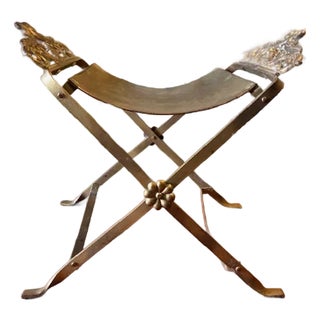 Antique 19th Century Oscar Boch Style Wrought & Cast Iron Cross X Bench or Stool With Fleur-De-Lis and Acanthus Leaf Sides and Floral Medallions For Sale