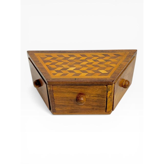 This charming vintage folk art spice box features beautiful geometric parquetry inlay on the lid in a classic...