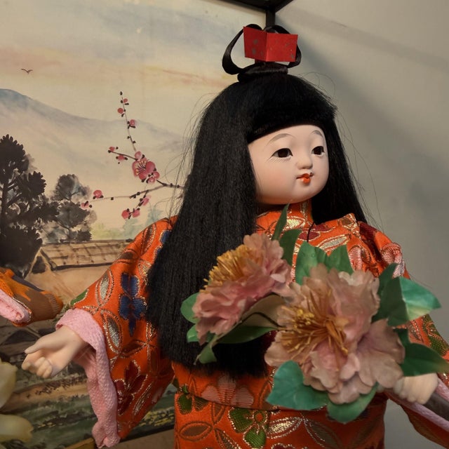 Black Japanese Ichimatsu Hanaguruma Flower Cart Doll Display, 1970s For Sale - Image 8 of 14