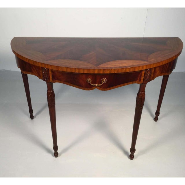1980s Vintage Mahogany and Satinwood Maitland Smith Adams Style Large Demi Lune One Drawer Console Table For Sale - Image 9 of 9