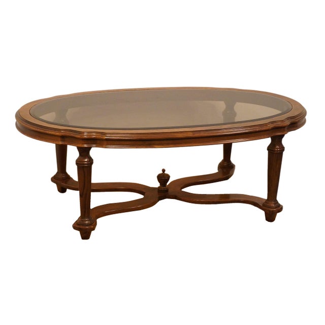 ETHAN ALLEN Collector's Classics Solid Pecan 47" Oval Accent Coffee Table w. Glass Top 13-8511 17" High 47.5" Wide 28.5"...