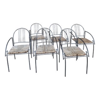 Mid 20th Century Steel and Rush Curved Armchairs Stackable Set of 6 For Sale