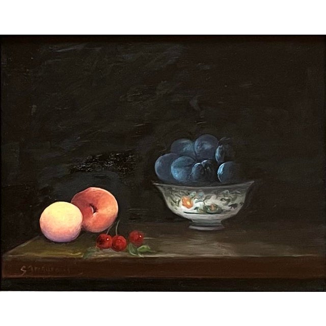 Oil painting on okoume board (similar to mahogany) of plums stacked in a decorative bowl with peaches and cherries in the...
