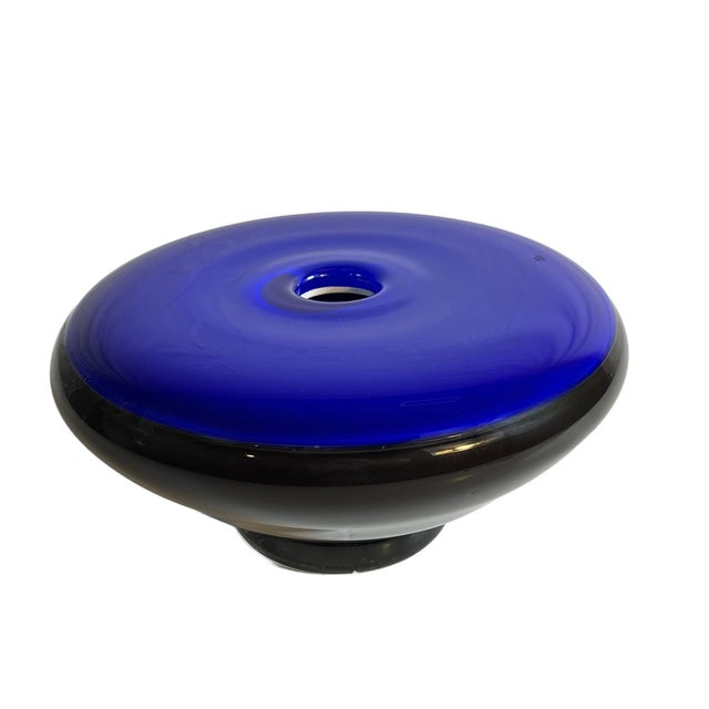 Postmodern Post Mid Century Modern Handblown Murano Style "Donut" Cobalt Blue and Black Glass Vase For Sale - Image 3 of 9