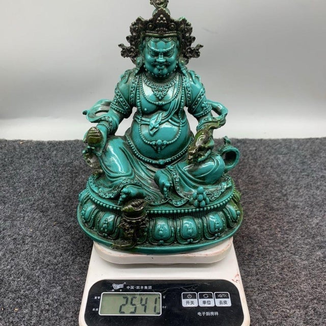 Vintage Tibetan Style Turquoise Green Yellow Jambhala Wealth Deity Statue For Sale - Image 9 of 9