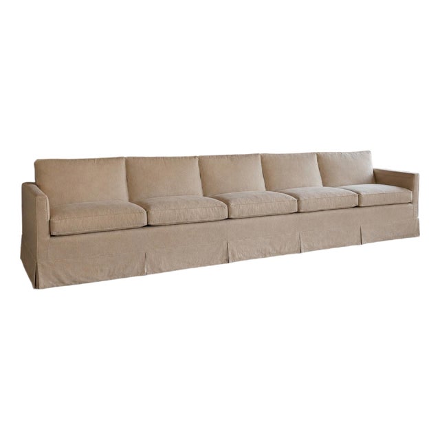 Extra-Long 12ft MCM Tailored Skirted Cream Sofa | Monumental Living Room Furniture For Sale