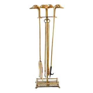 Vintage French Solid Brass Duck Head Fireplace Tool Set, Maison Jansen Style, 19 For Sale