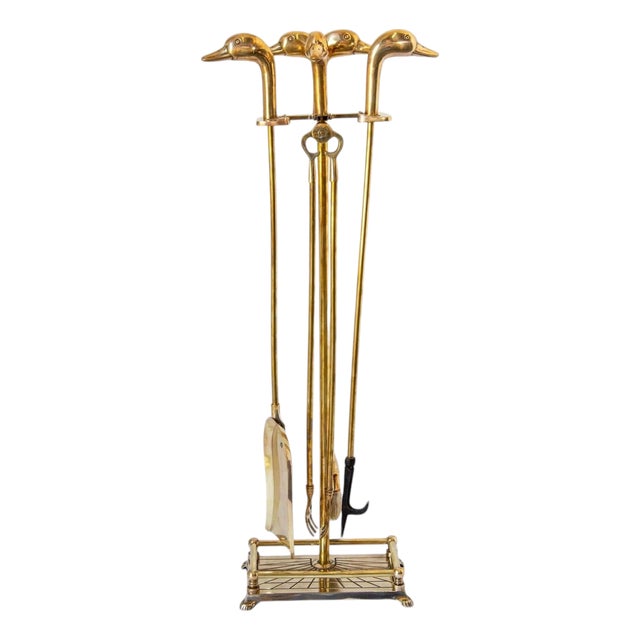 Vintage French Solid Brass Duck Head Fireplace Tool Set, Maison Jansen Style, 19 For Sale