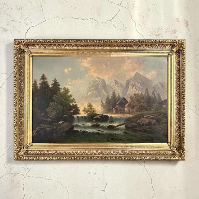 A sweeping Bavarian mountain landscape unfolds across this late nineteenth century oil on canvas, signed R. Waldau in the...