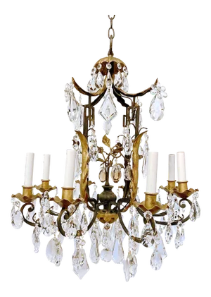 Antique Early 20th Century Wrought Iron Chandelier with Crystal Prisms