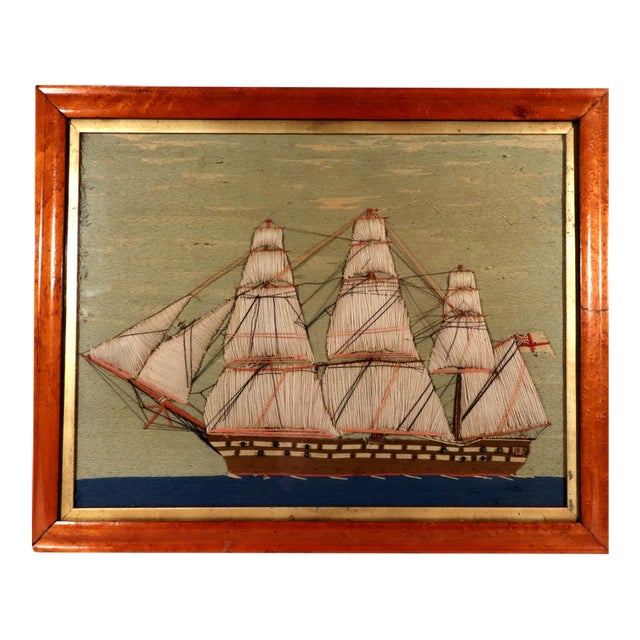 Sailor's Woolwork Picture, Royal Navy Ship With Padded Trapunto Sails For Sale