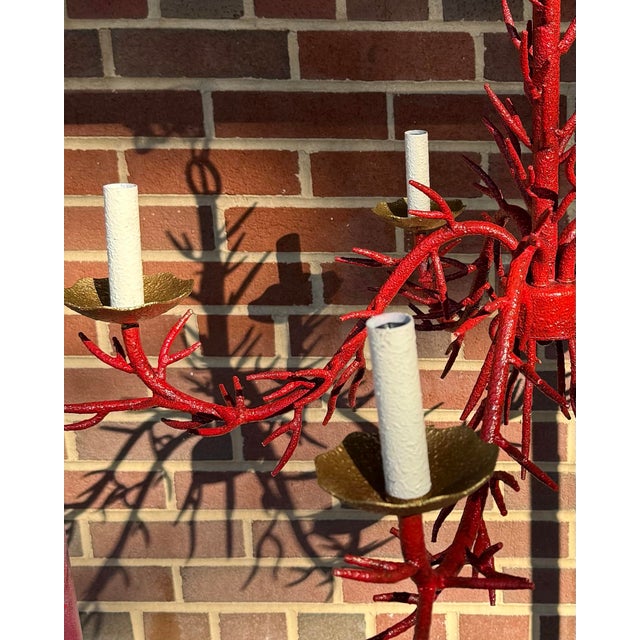 Currey & Company Vintage Late 20th Century Bespoke Turtle and Crane Palm Beach Regency Hand-Glazed Red Faux Coral 5-Light Chandelier - Newly Painted For Sale - Image 4 of 10