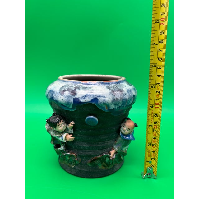 1900 - 1909 Antique Japanese Sumida Gawa Vase Signed Ban-Ni Blue Drip Glaze Figural 5.25” For Sale - Image 5 of 8