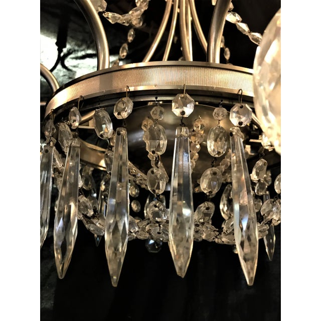 French Vintage Ten Arm Nickel and Crystal Chandelier For Sale - Image 3 of 13