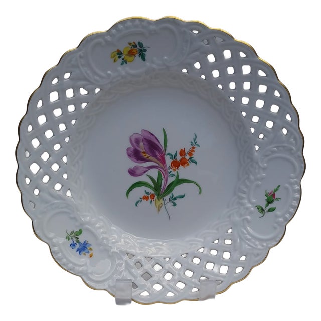 Vintage Openwork Porcelain Plate with Purple Crocus from Meissen, 1960s For Sale