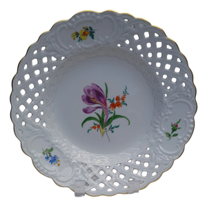 Vintage Openwork Porcelain Plate with Purple Crocus from Meissen, 1960s