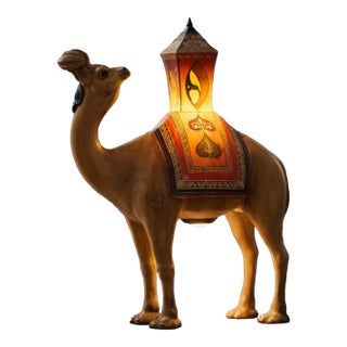 Vintage Mid-Century Modern Orientalist Hand-Painted Camel Skin Saddle Table Lamp For Sale