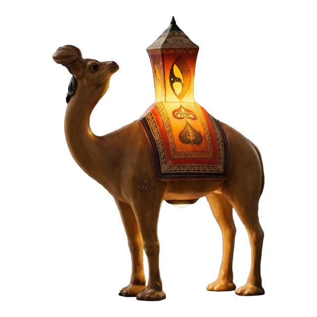Vintage Mid-Century Modern Orientalist Hand-Painted Camel Skin Saddle Table Lamp For Sale