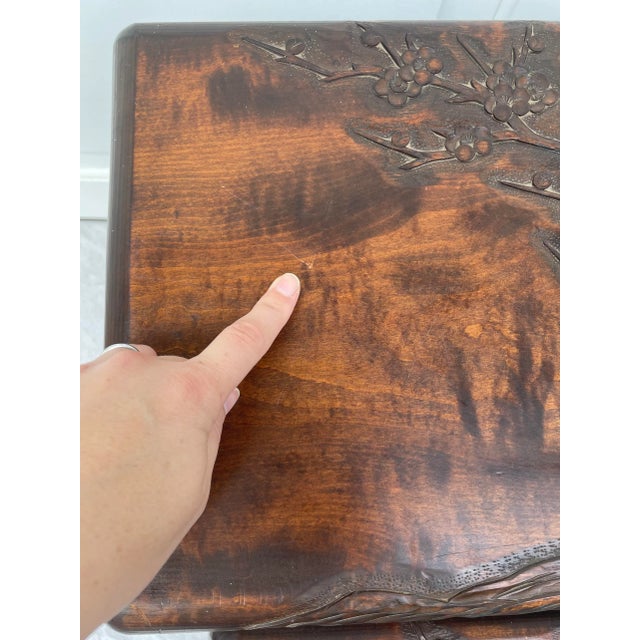 Vintage Hand-Carved Wood Cherry Blossom Asian Nesting Tables For Sale - Image 10 of 12