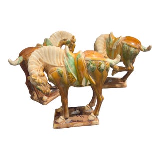 Trio of Chinese Tang Dynasty Style Sancai Glazed War Horses For Sale