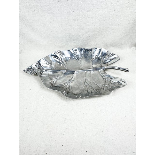 Hollywood Regency Vintage Sculptural Silver Pewter Leaf Platter For Sale - Image 3 of 9