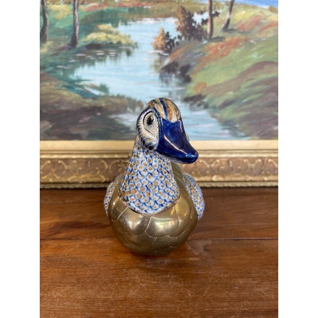 1970s Vintage Chinese Cloisonné and Ceramic Duck Figurine With Hand-Painted Detailing. For Sale - Image 5 of 9