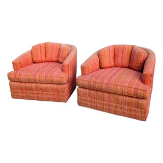 Vintage 1960's Kay Lyn Bright Coral Striped Boucle Swivel Chairs- Pair For Sale