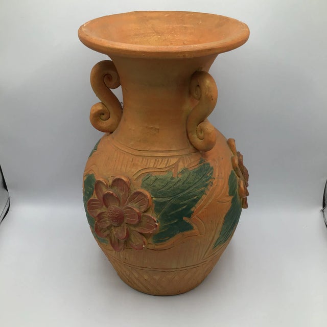 Mediterranean Large Hand Thrown 3 Handle Terra-Cotta Vase Floral Decorated For Sale - Image 3 of 13