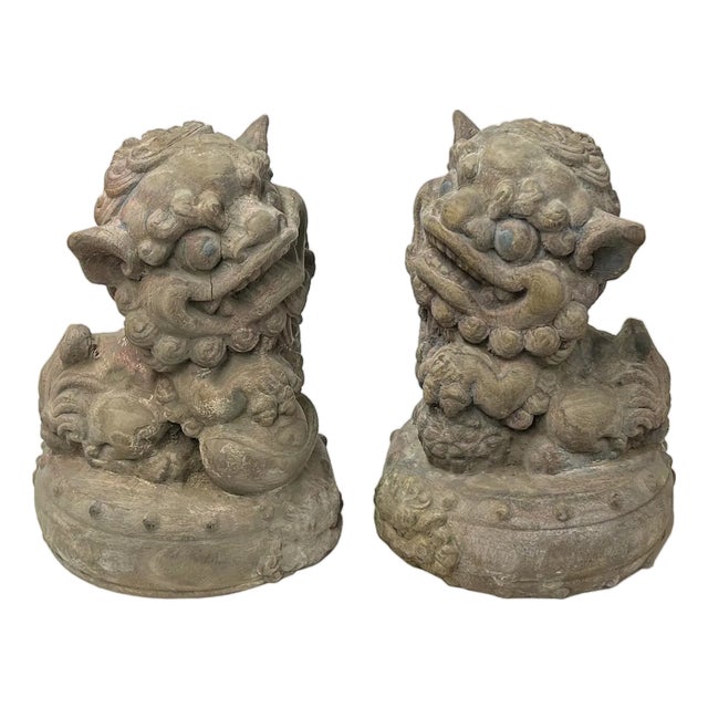Pair Rustic Chinese Wood Foo Dog Lion Round Base FengShui Figures For Sale