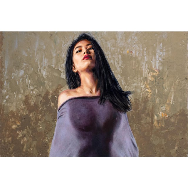 Fiona #1 by Dave Seeley | Oil on Canvas on Board Portrait of a woman in a flowing dress. For Sale - Image 4 of 5