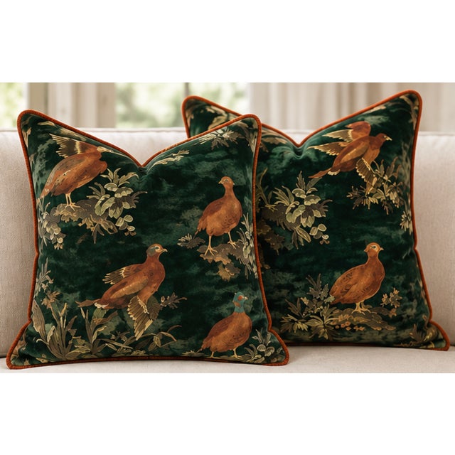 Mid-Century Modern Game Show Emerald Designer Pillow Pair With Rust Cording – A 22" Pair For Sale - Image 3 of 5