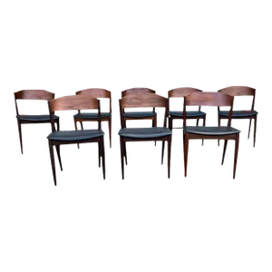 Set of 8 Mid Century Danish Teak Black Vinyl Dining Chairs by Jydsk Møbelindustri Skanderborg