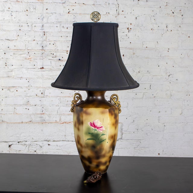 Early 20th Century Floral Table Lamp Hand Painted Porcelain Style of Royal Nippon Black Bell Shade For Sale - Image 4 of 18