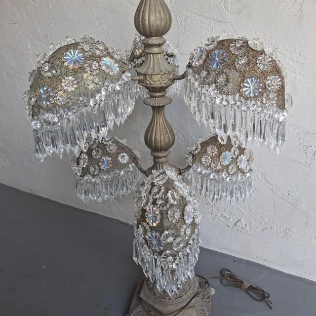 Very Large 1920's Opulent 6 Light Palm Tree Lamp. Huge fronds dripping with approx. 150 large crystal prisms and Aurora...