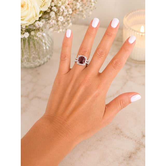 Contemporary 18K White Gold Oval Garnet and Diamond Halo Cocktail Ring For Sale - Image 11 of 11