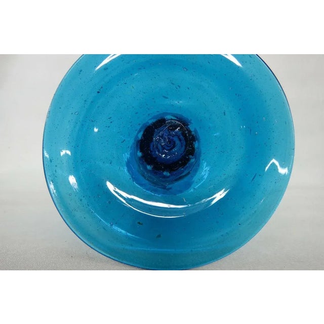 Glass Spindle Pillar Blue Glass Tall Single Candle Stick Holder with Wavy Rim For Sale - Image 7 of 11