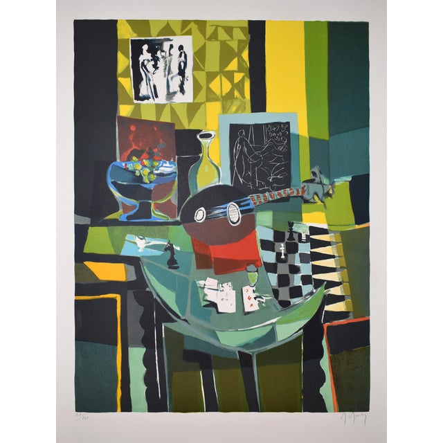 Marcel Mouly Hand Signed Lithograph Mandolin on Game Table For Sale