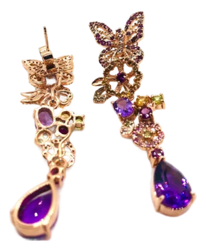 Bochic “Capri” Vintage Sapphire, Amethyst & Peridot Earrings Set In 18K Gold