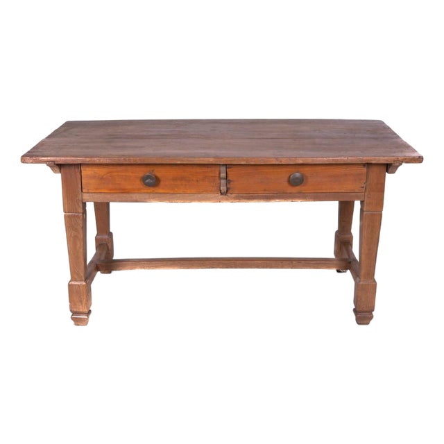 Antique Rustic Wood Table with 2 Drawers For Sale
