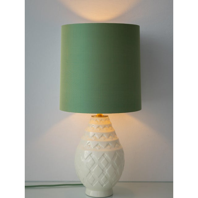 Charles Catteau Art Deco Ceramic Pineapple Table Lamp with Silk Lampshade by Charles Catteau for Boch Frères, 1920s For Sale - Image 4 of 18