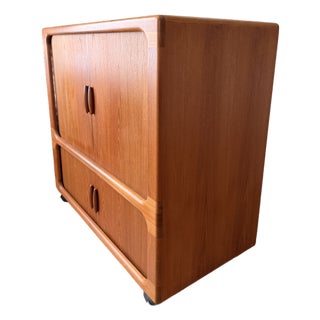Vintage 1970s Dyrlund Danish Modern Teak Rolling Tv / Media Cabinet With Tambour Doors For Sale